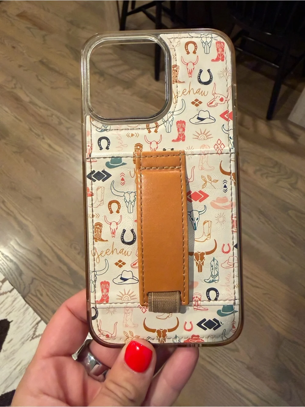 Western Pattern Phone Case with Tan Leather Strap - iPhone 14 Pro Max